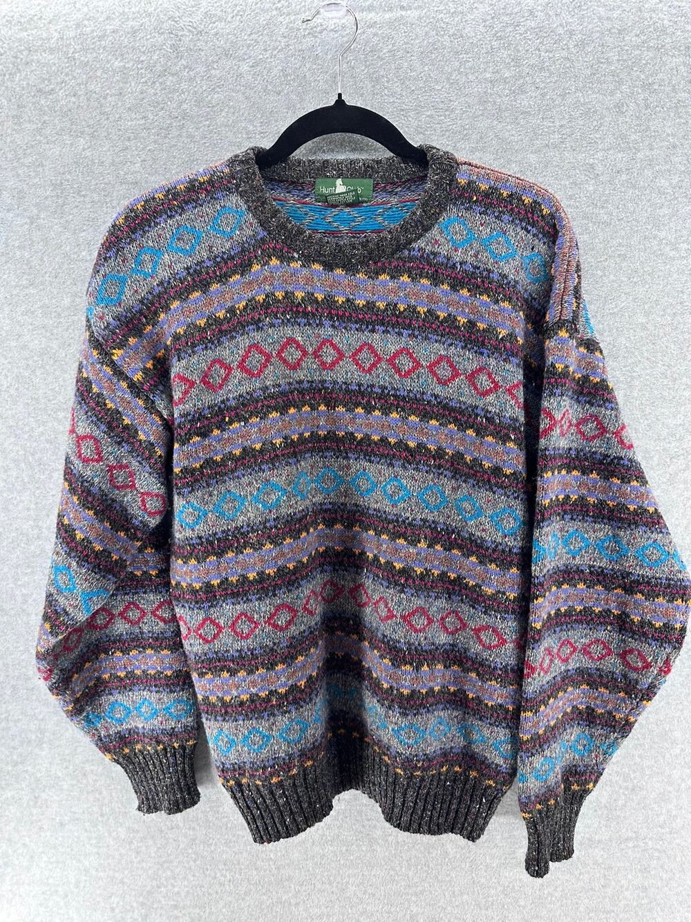 VTG Hunt Club Mens sz L Wool Knit Sweater Blue Gray Red Stripes Grandpa Academia